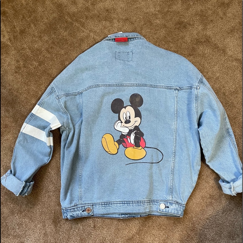 Disney Light Blue Denim Jacket with Mickey Graphic and White Sleeve Stripes